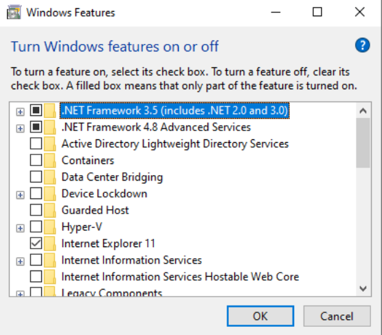 Windows features Turn on or off.